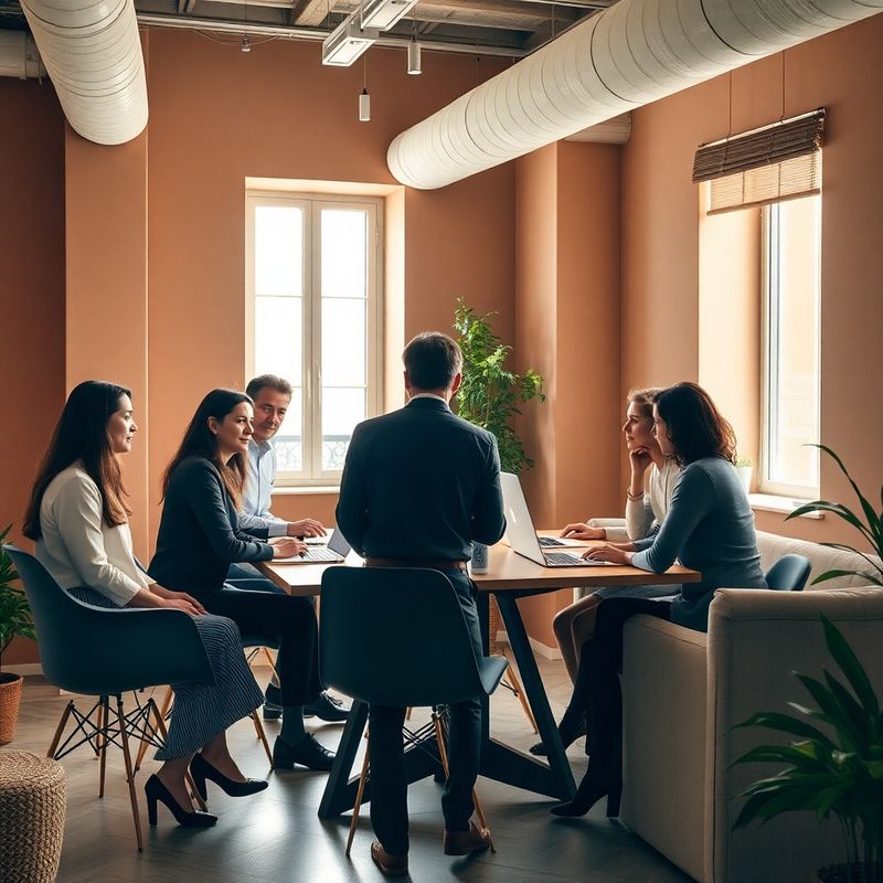 Piccolo team professionale al lavoro in un ufficio contemporaneo italiano con toni slate e crema