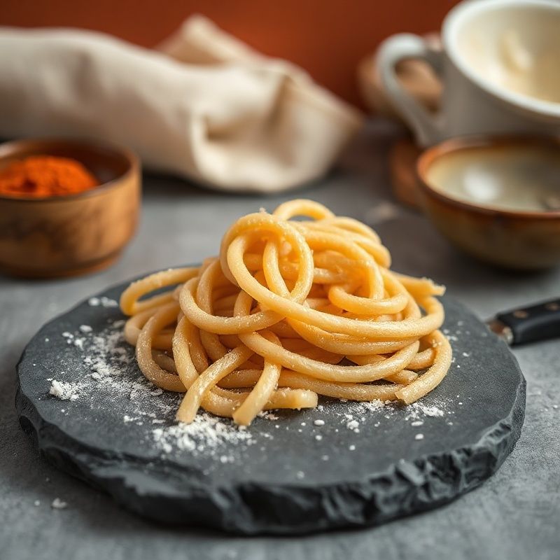 Primo piano di pasta artigianale italiana su superficie ardesia