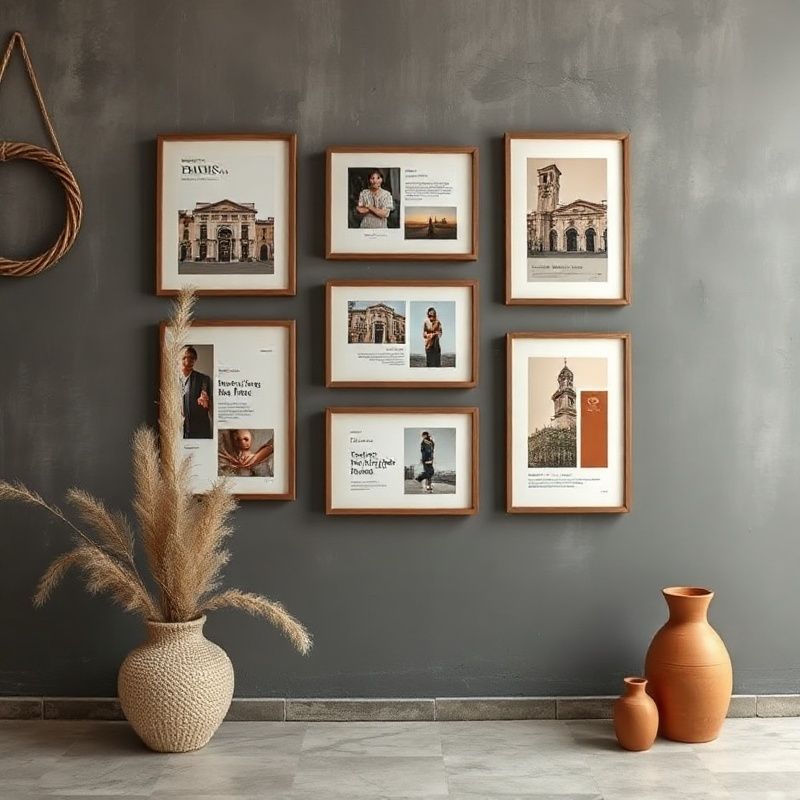 Parete di studio a Perugia con mockup di progetti digitali incorniciati